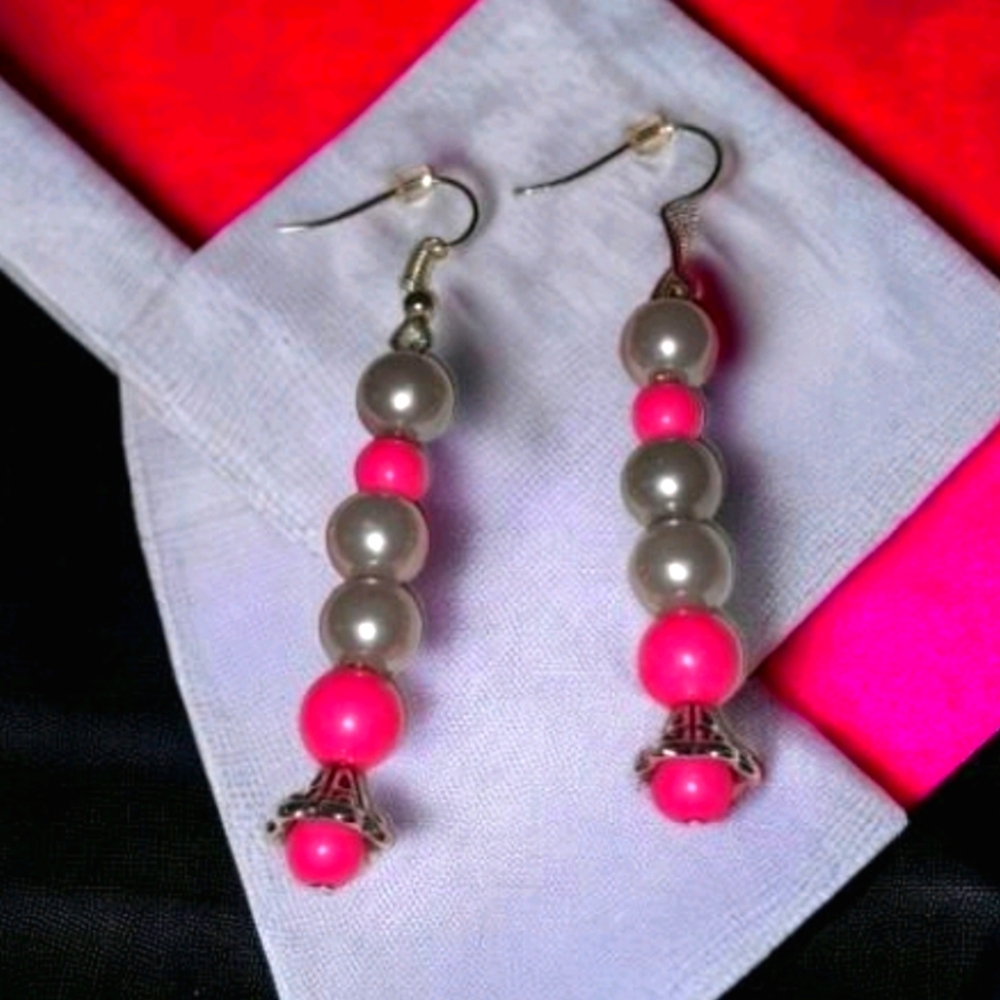 Pink and grey handmade beaded earrings